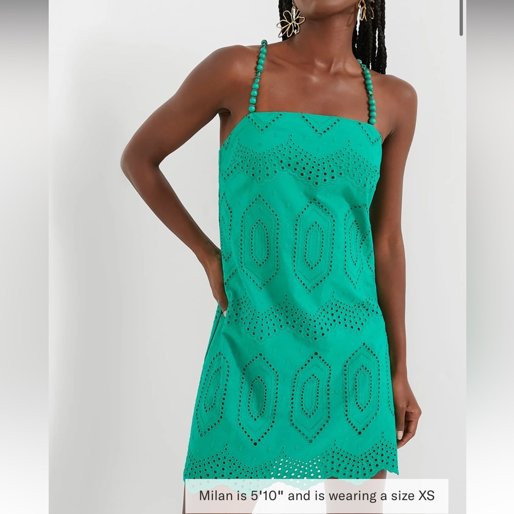 HYACINTH HOUSE

Green Eyelet Beaded Strap Mini Ibiza Dress